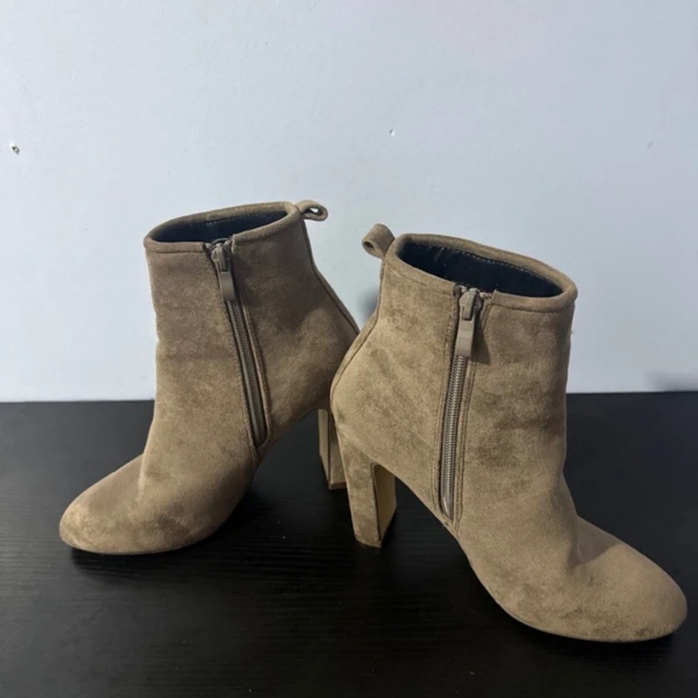 Suede Taupe Ankle Booties with Block Heel and Side Zip